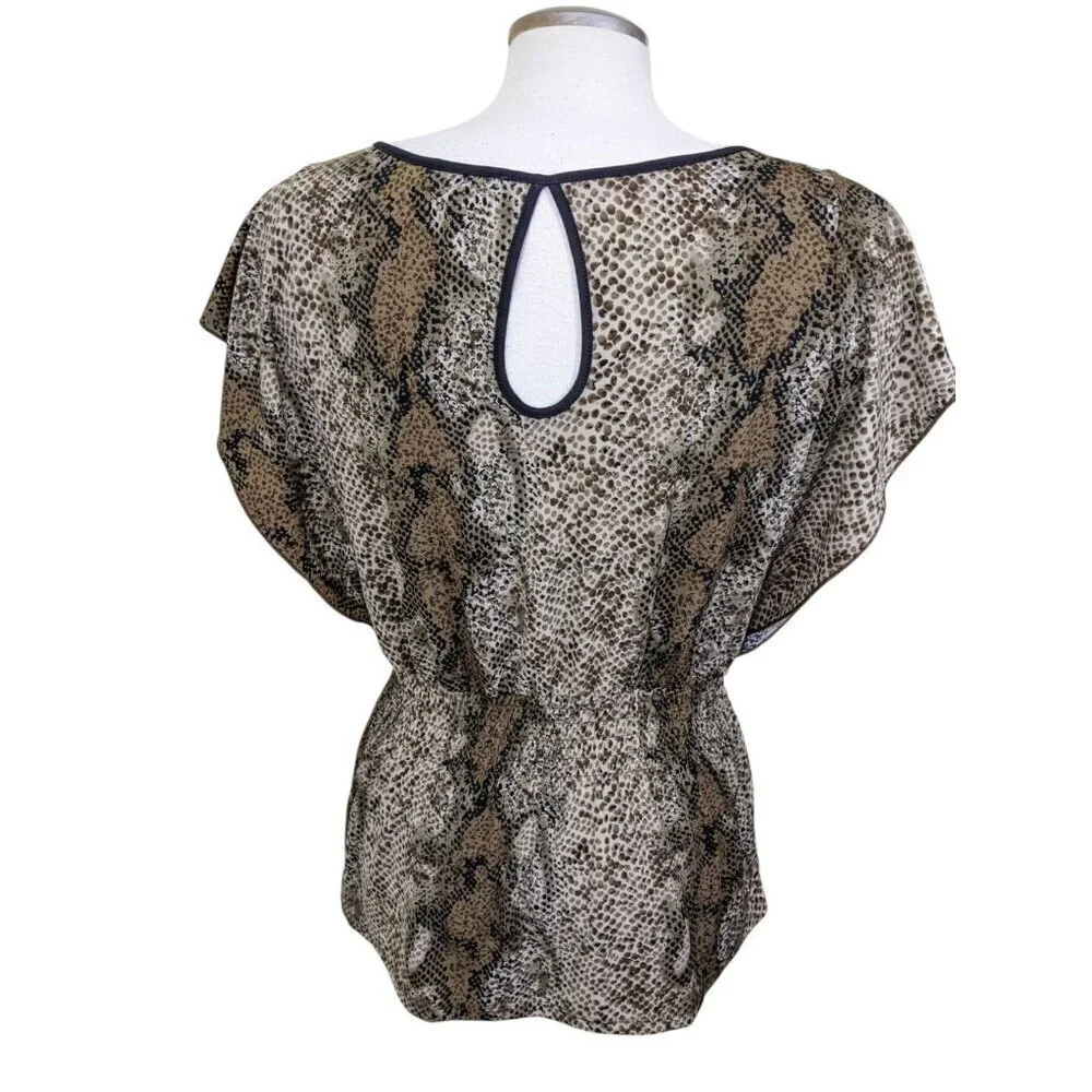 Womens Medium Blouse Flutter Sleeve Smocked Waist Snake Print Brown Cutouts - Picture 7 of 10